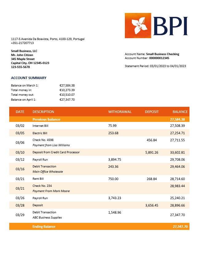 Modèle Word et PDF de relevé de compte ferme Banco BPI